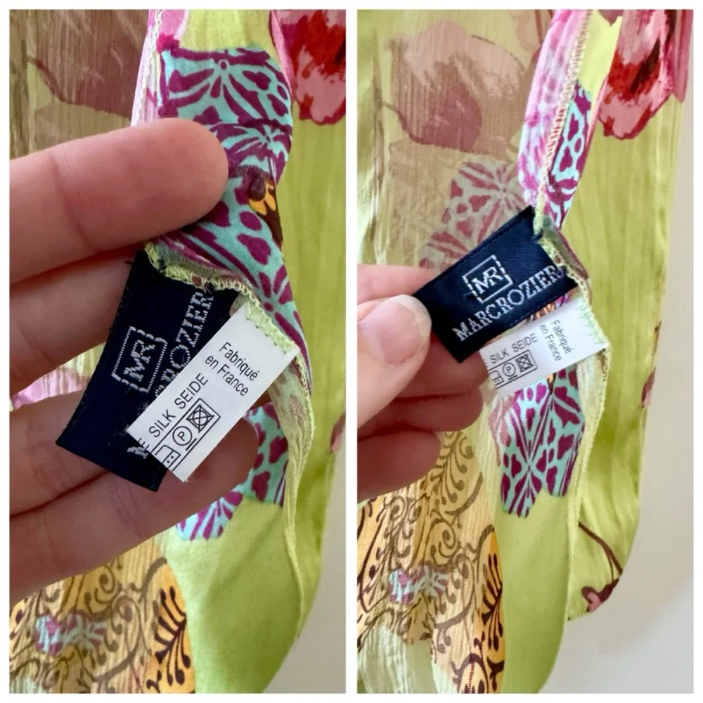 90s Vintage Marcrozier Paris Floral Print Silk Oblong Scarf Wrap, Green & Pink
